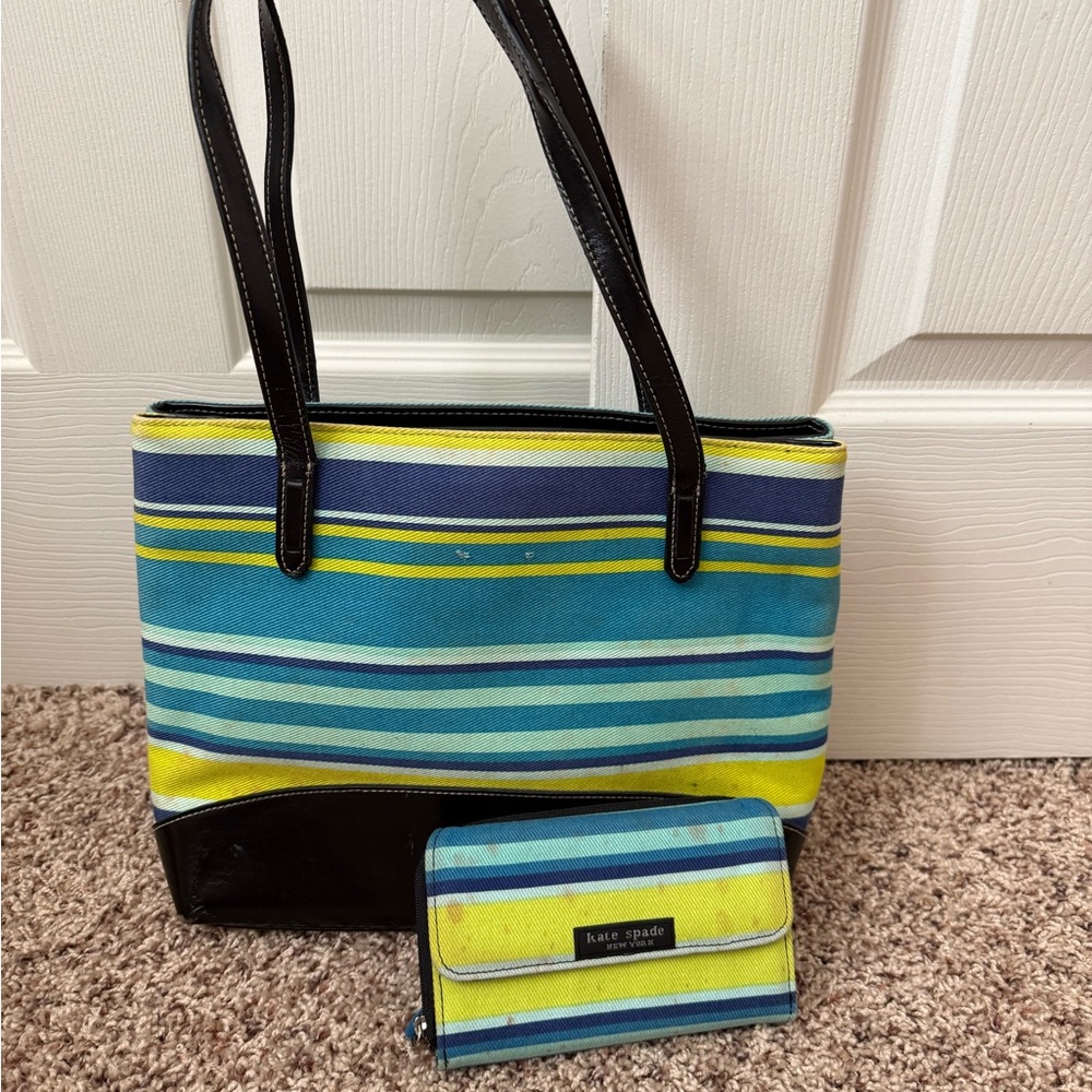 Kate Spade Striped Blue and Yellow Tote Bag